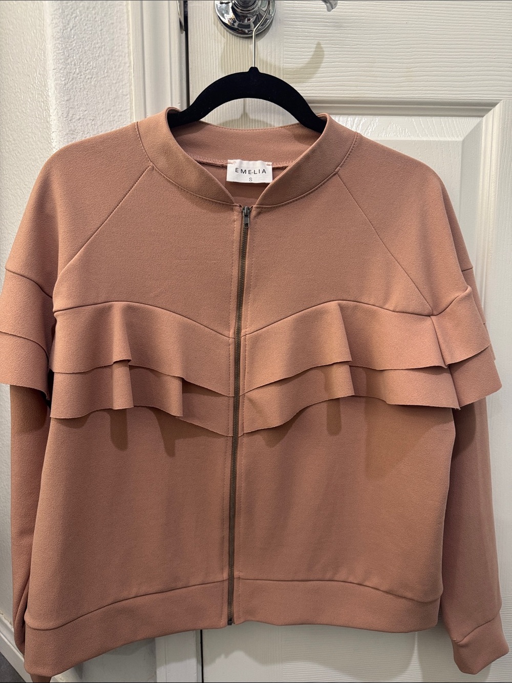 Ruffle-Trim Bomber Jacket in Dusty Rose